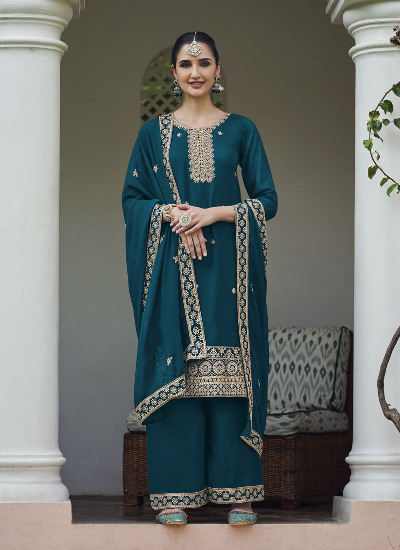 Teal Blue Georgette Heavy Embroidered Palazzo Kameez Suit