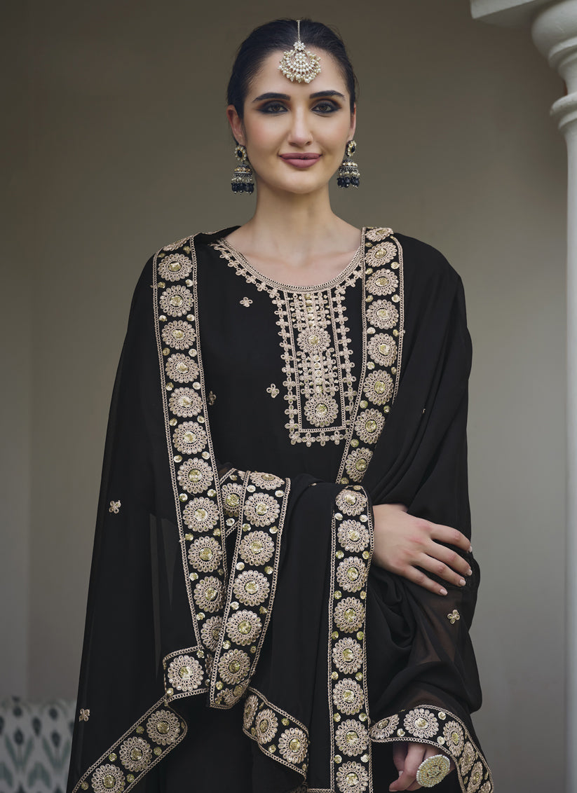 Black Georgette Heavy Embroidered Palazzo Kameez Suit