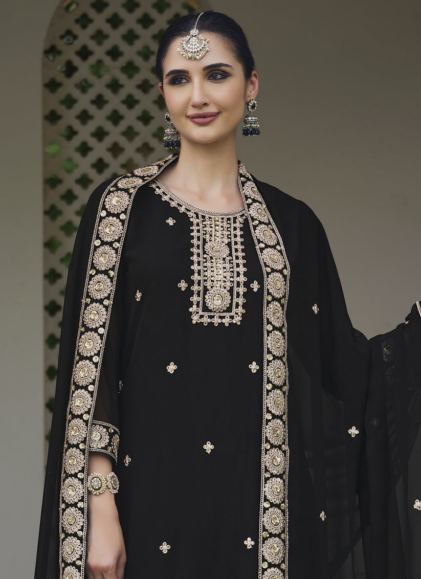 Black Georgette Heavy Embroidered Palazzo Kameez Suit