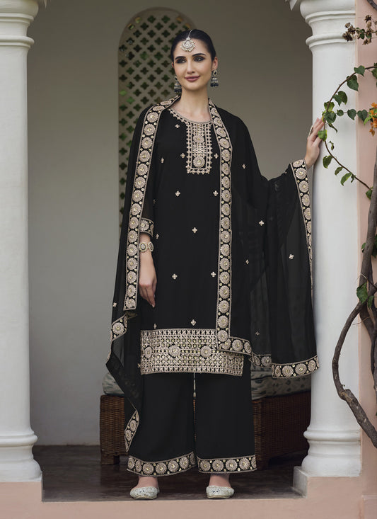 Black Georgette Heavy Embroidered Palazzo Kameez Suit