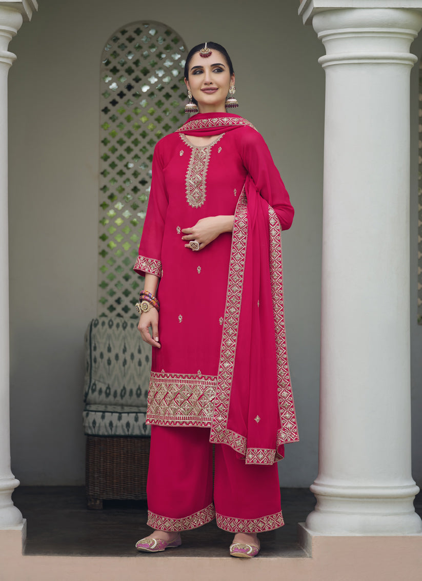 Hot Pink Georgette Heavy Embroidered Palazzo Kameez Suit