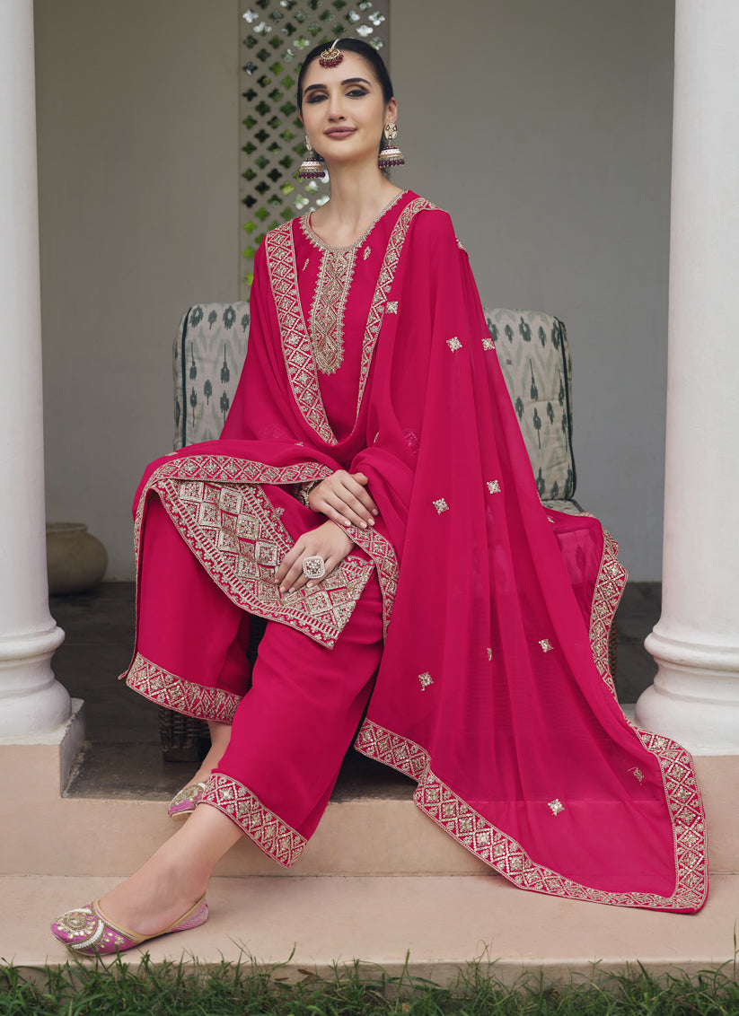 Hot Pink Georgette Heavy Embroidered Palazzo Kameez Suit