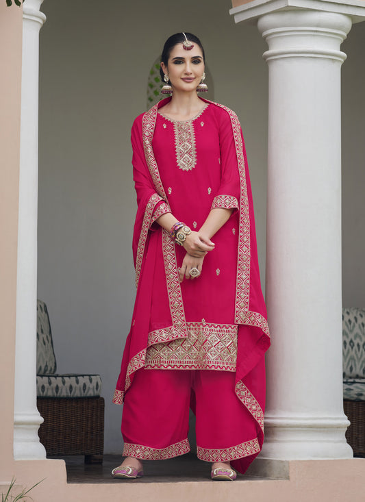 Hot Pink Georgette Heavy Embroidered Palazzo Kameez Suit