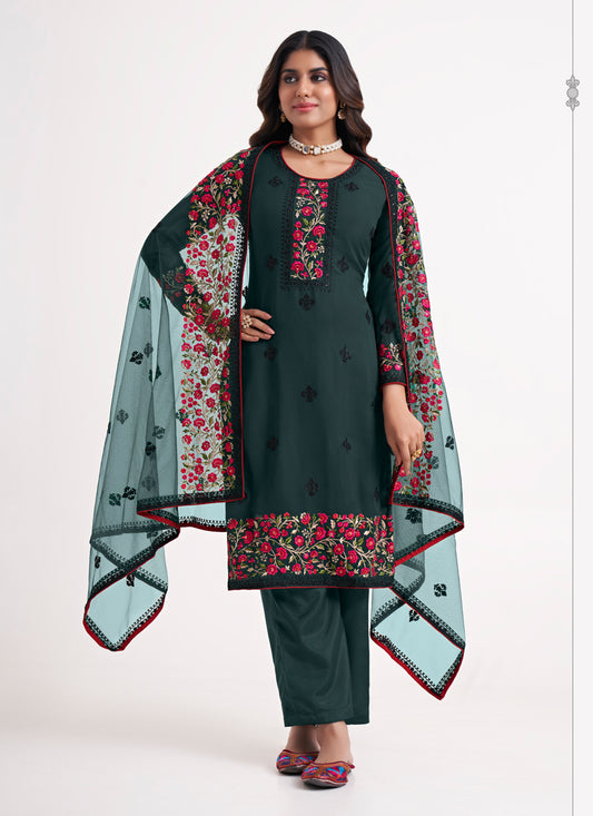 Pine Green Georgette Embroidered Pant Kameez