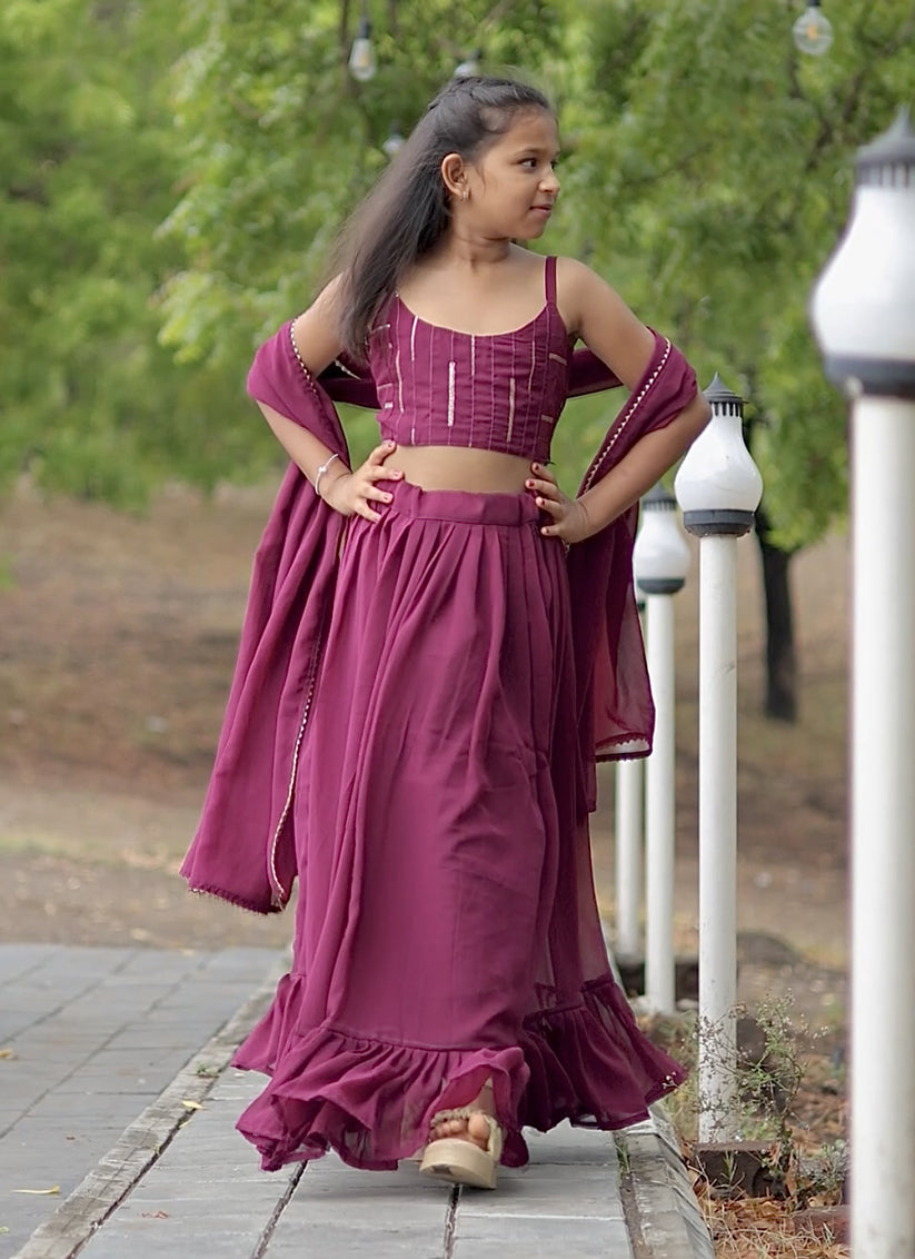 Wine Faux Georgette Kids Lehenga Choli