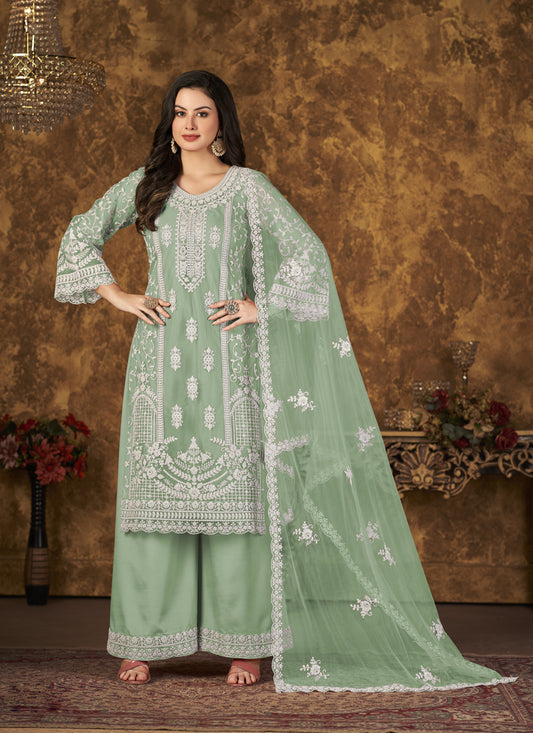 Mint Green Net Embroidered Palazzo Kameez