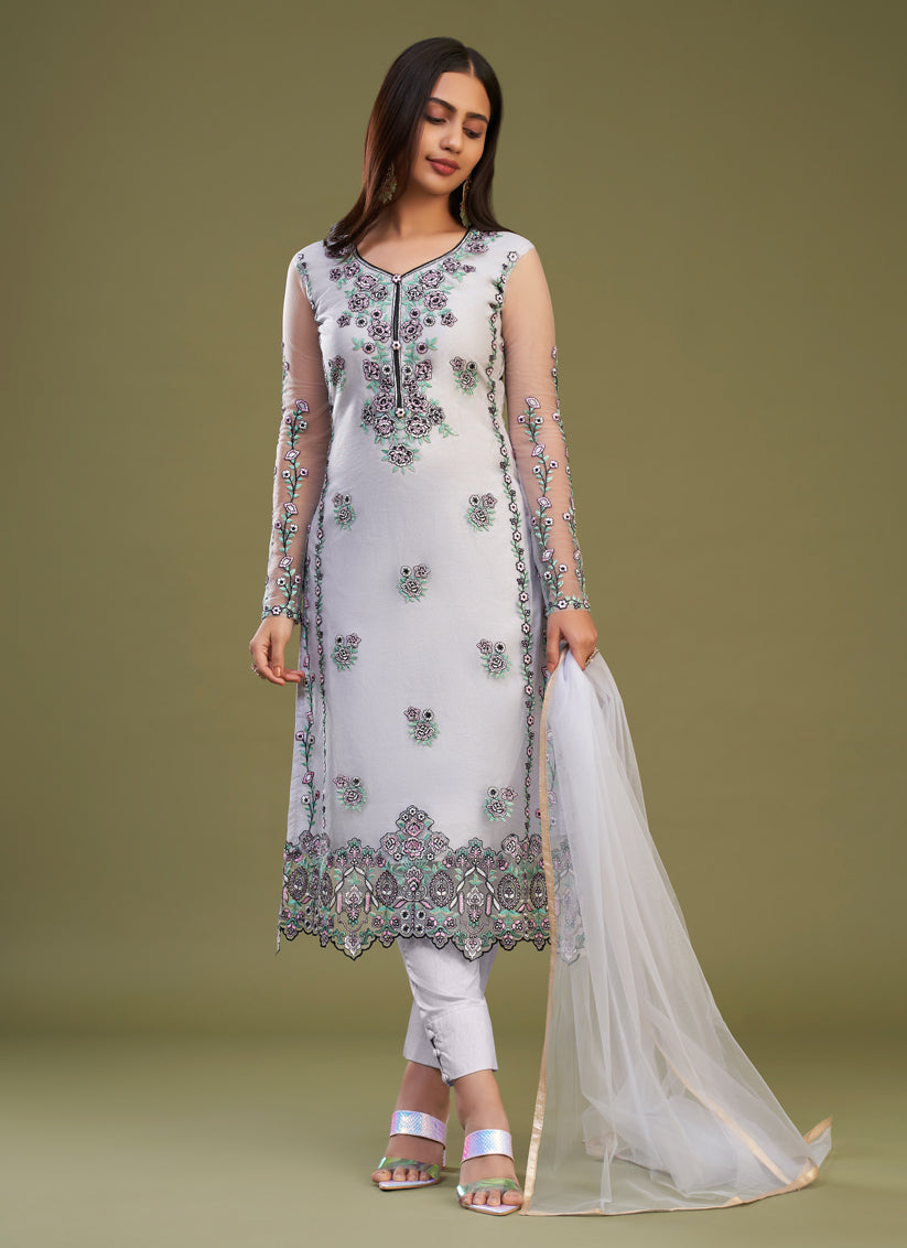 Lavender Net Embroidered Pant Kameez Suit