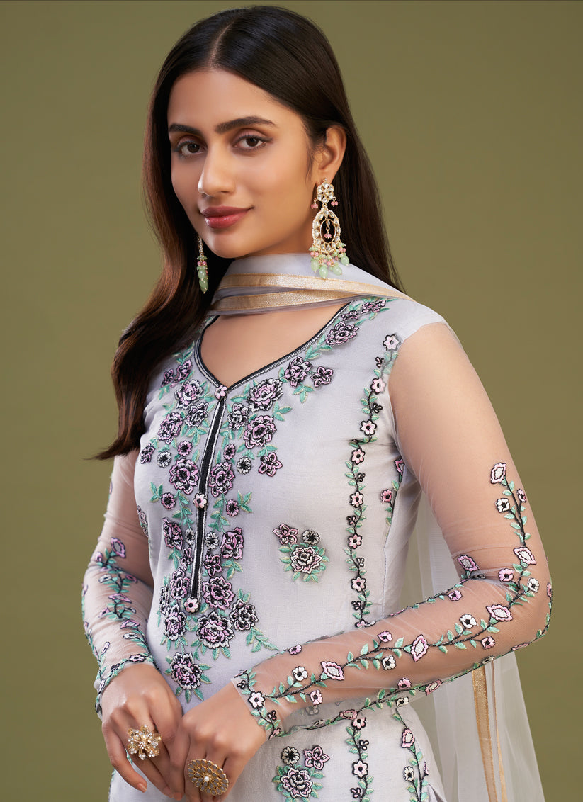 Lavender Net Embroidered Pant Kameez Suit