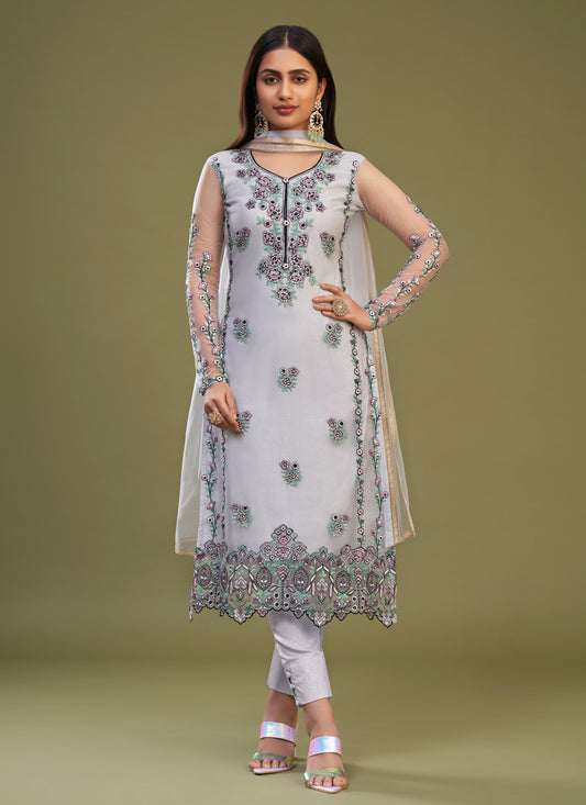 Lavender Net Embroidered Pant Kameez Suit