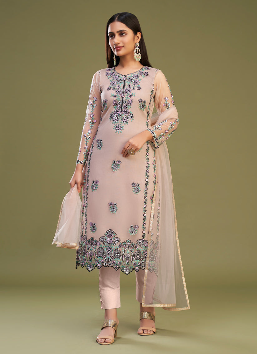 Peach Net Embroidered Pant Kameez Suit