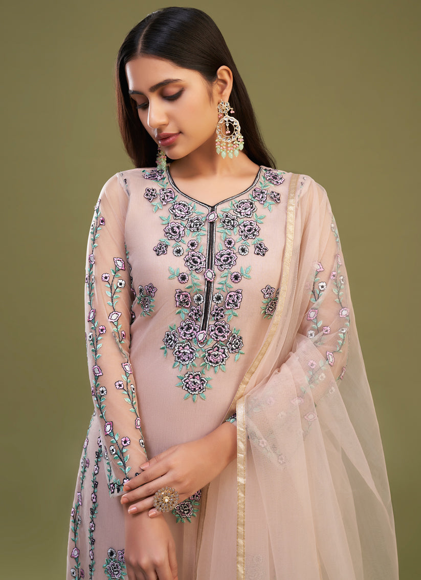 Peach Net Embroidered Pant Kameez Suit