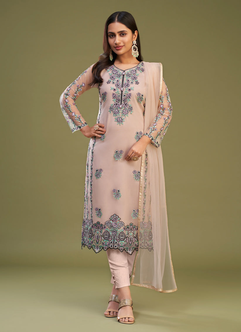 Peach Net Embroidered Pant Kameez Suit