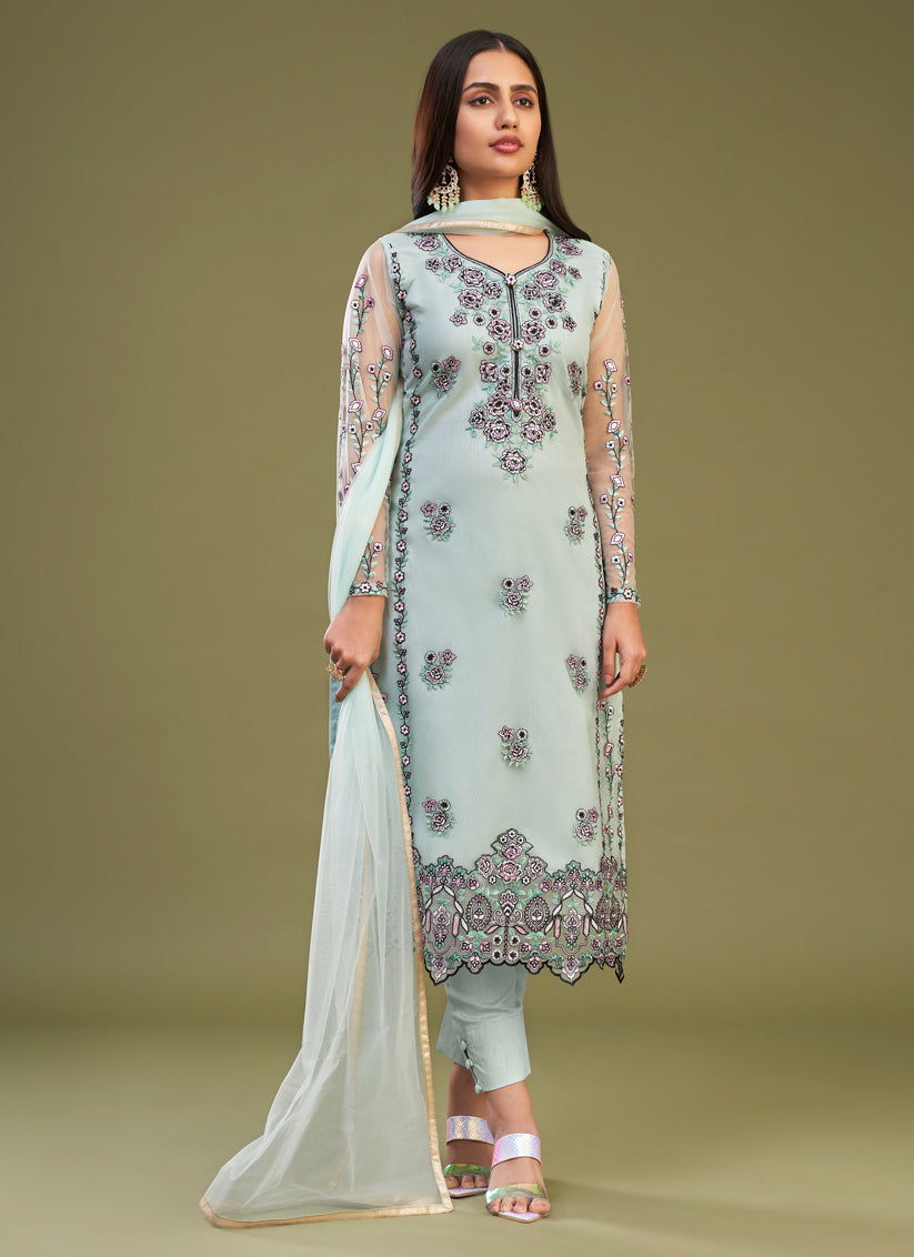 Firozi Net Embroidered Pant Kameez Suit