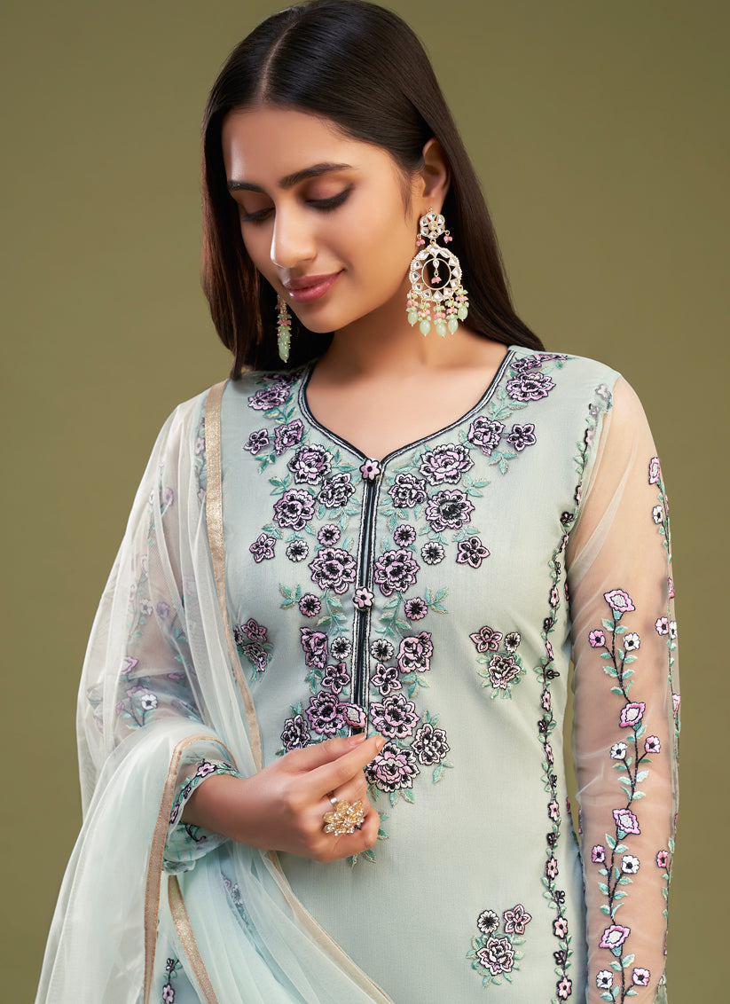 Firozi Net Embroidered Pant Kameez Suit