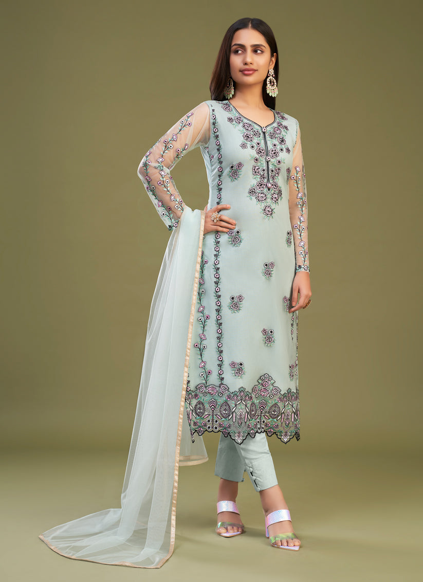 Firozi Net Embroidered Pant Kameez Suit