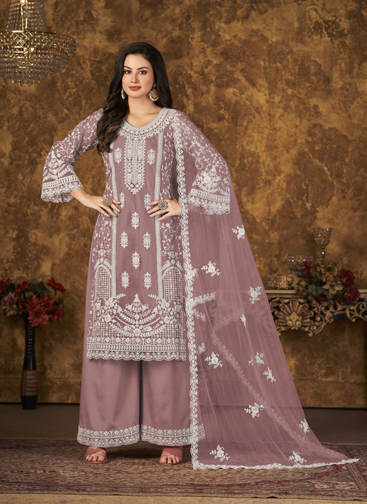 Old Rose Net Embroidered Palazzo Kameez