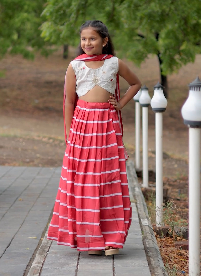 Salmon Pink Faux Georgette Kids Lehenga Choli