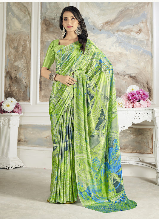 Parrot Green Digital Print Silk Crepe Saree