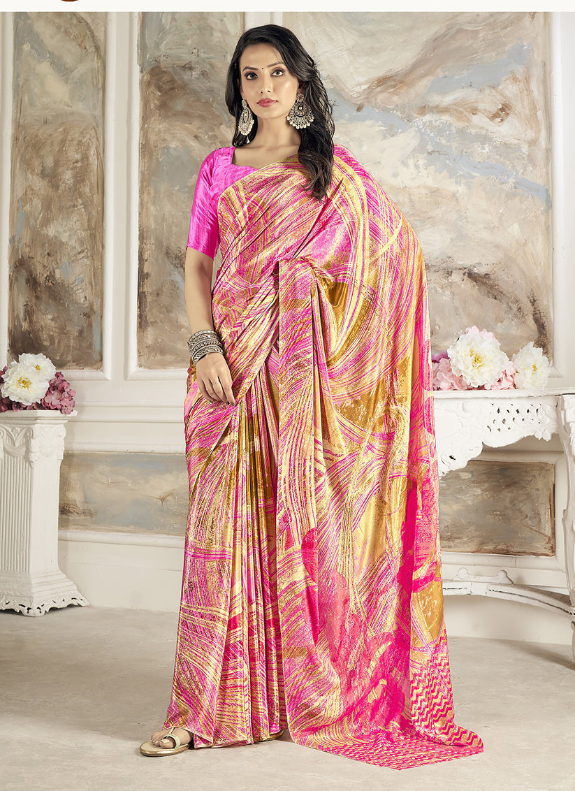 Hot Pink Digital Print Silk Crepe Saree