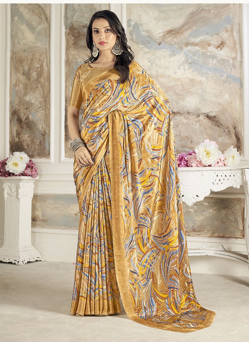 Golden Digital Print Silk Crepe Saree