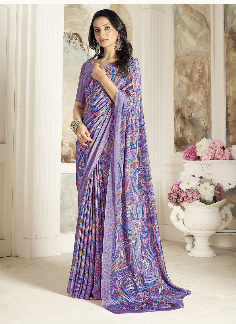 Lavender Digital Print Silk Crepe Saree