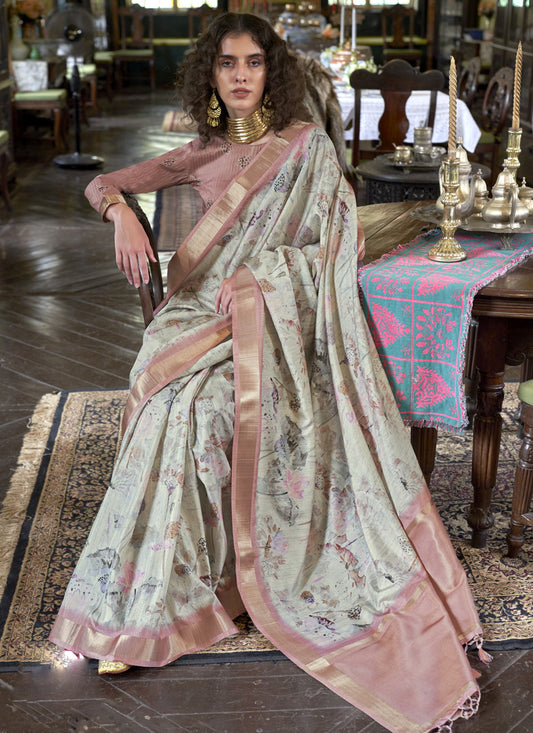 Dusty Cream Soft Banarasi Woven Saree For Festival