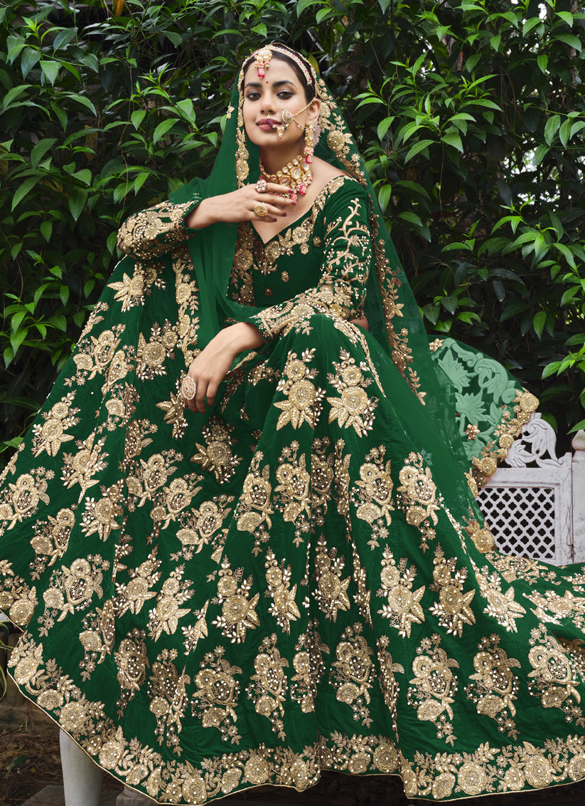 Forest Green Velvet Embroidered Bridal Lehenga Choli