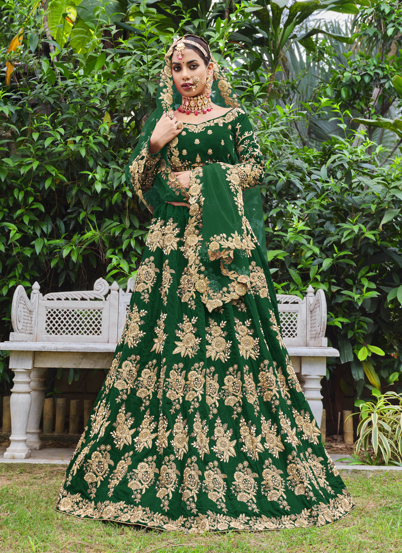 Forest Green Velvet Embroidered Bridal Lehenga Choli