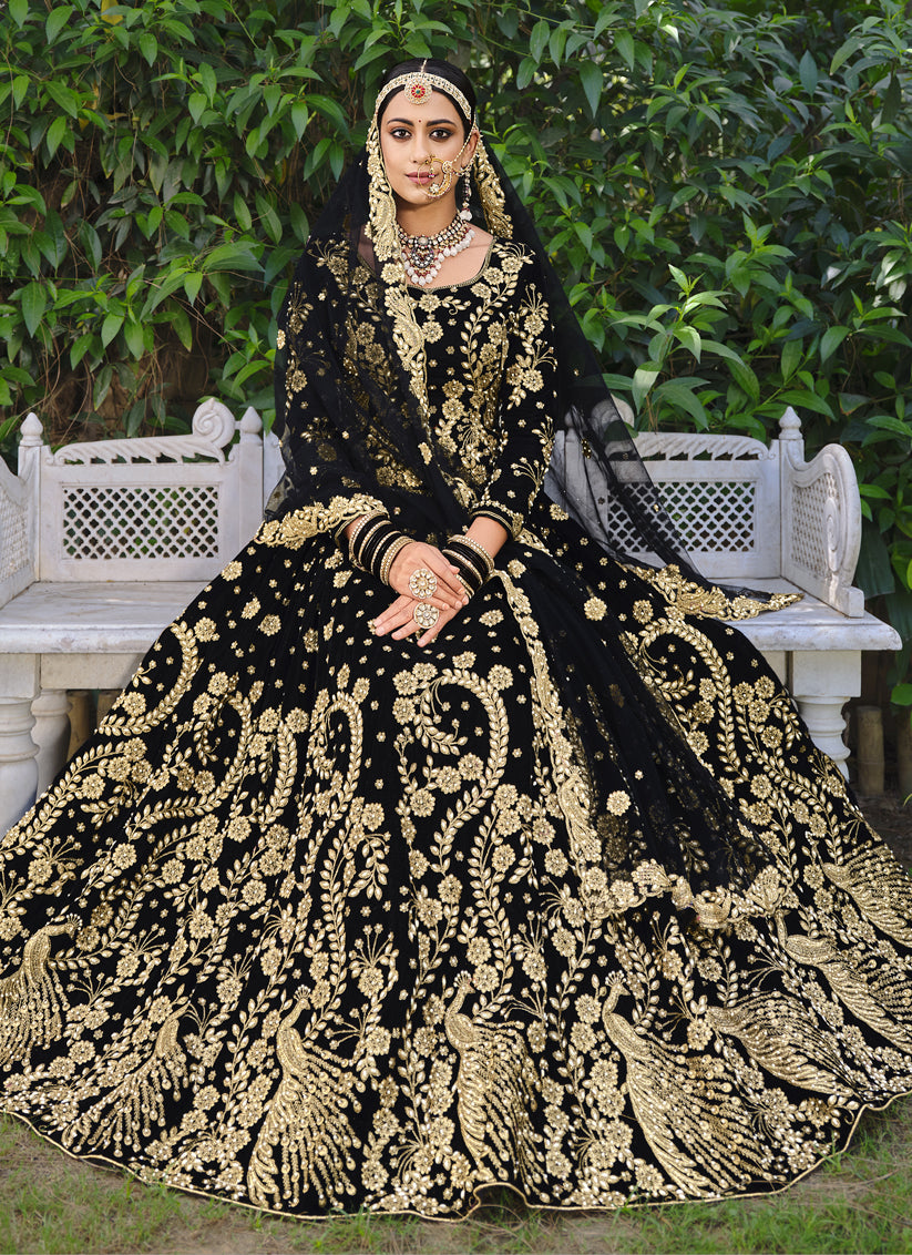 Black Velvet Embroidered Bridal Lehenga Choli