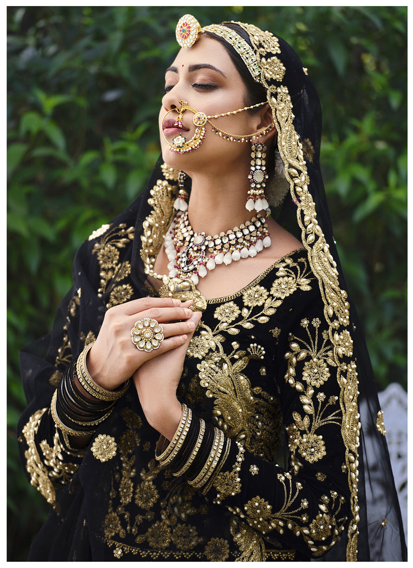 Black Velvet Embroidered Bridal Lehenga Choli