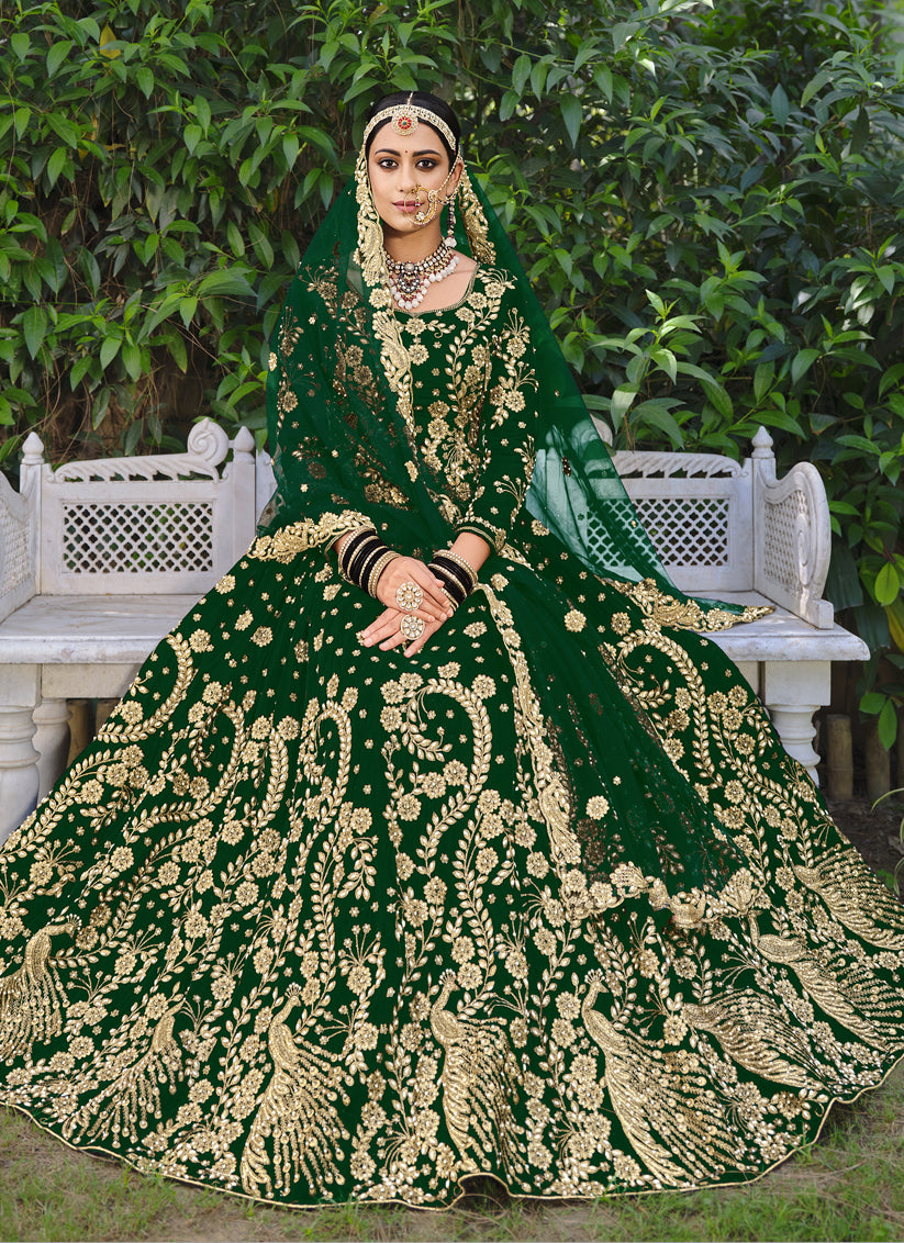 Forest Green Velvet Embroidered Bridal Lehenga Choli