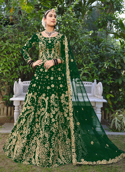 Forest Green Velvet Embroidered Bridal Lehenga Choli