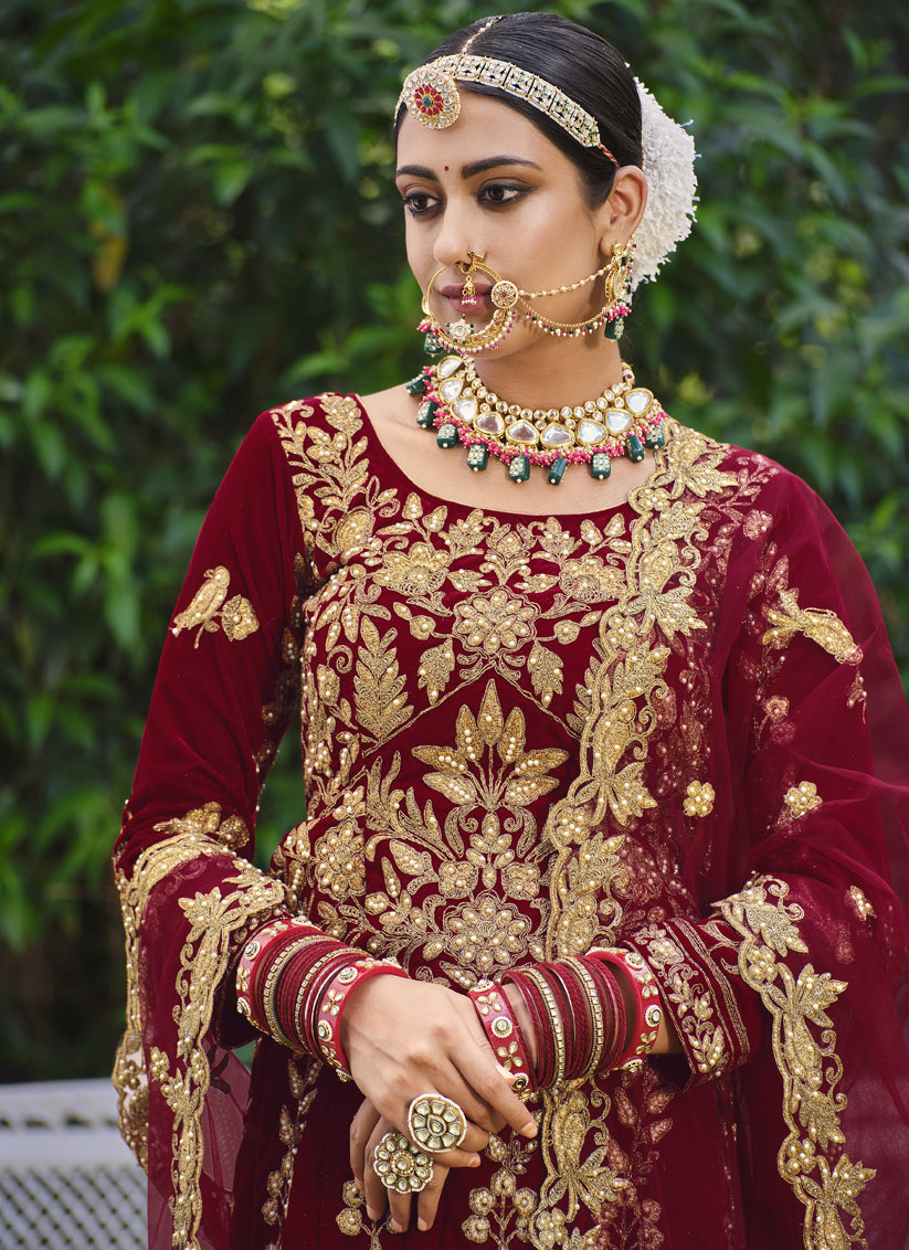 Maroon Velvet Embroidered Bridal Lehenga Choli