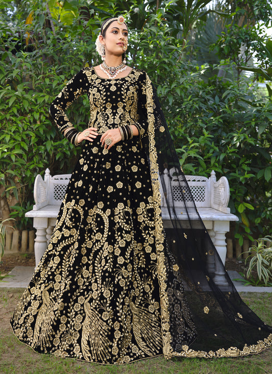 Black Velvet Embroidered Bridal Lehenga Choli