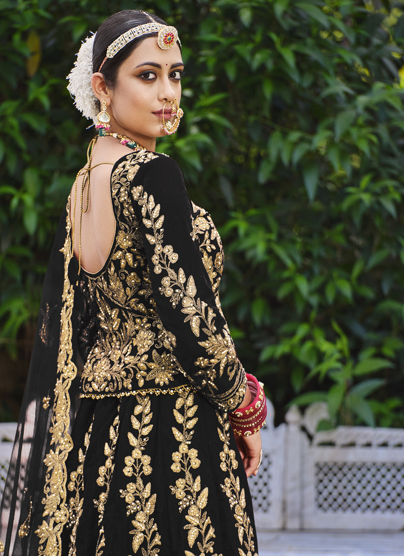 Black Velvet Embroidered Bridal Lehenga Choli