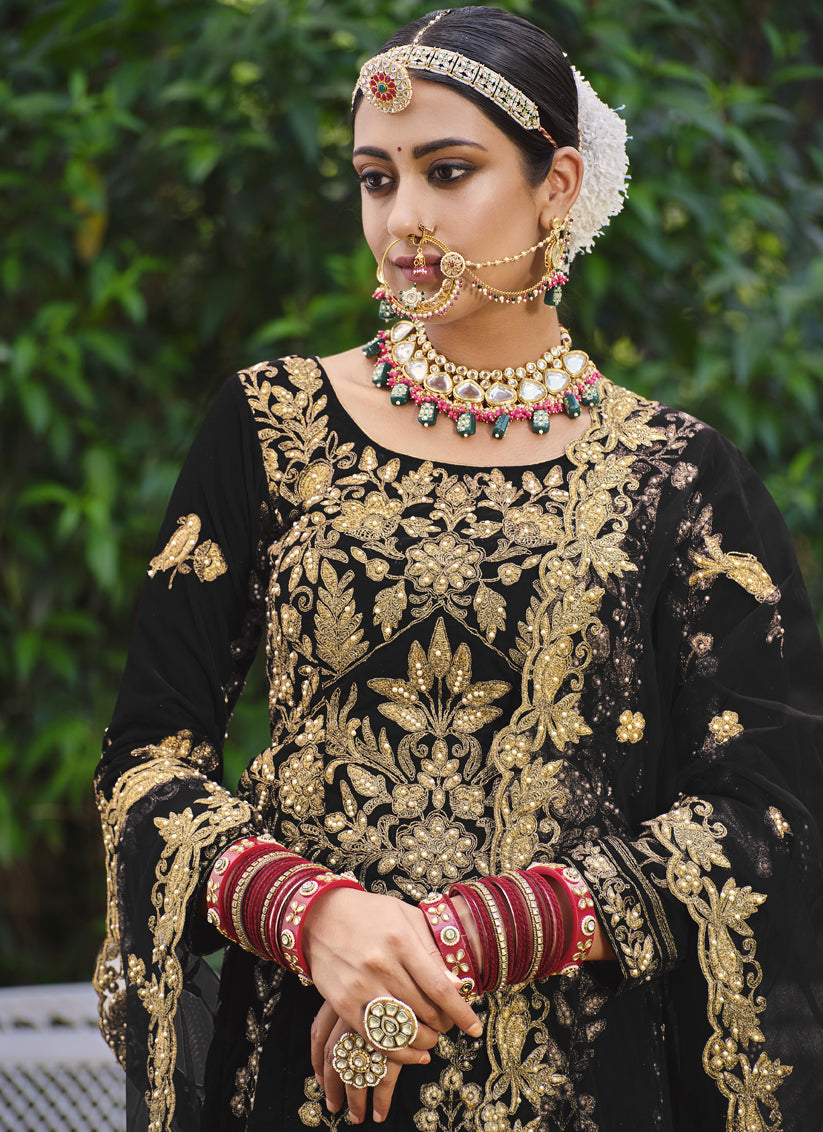 Black Velvet Embroidered Bridal Lehenga Choli