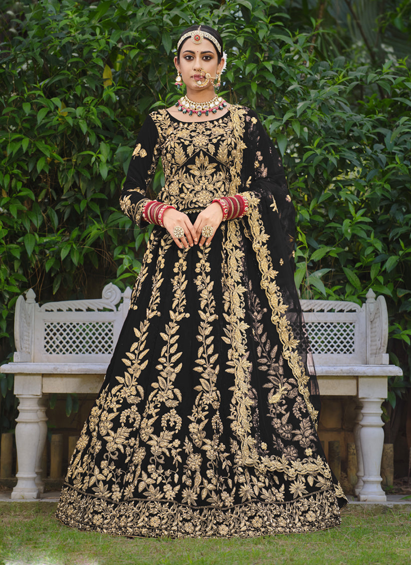 Black Velvet Embroidered Bridal Lehenga Choli