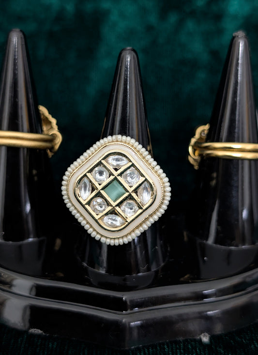 Kundan Studded and White Pearl Ring For Women