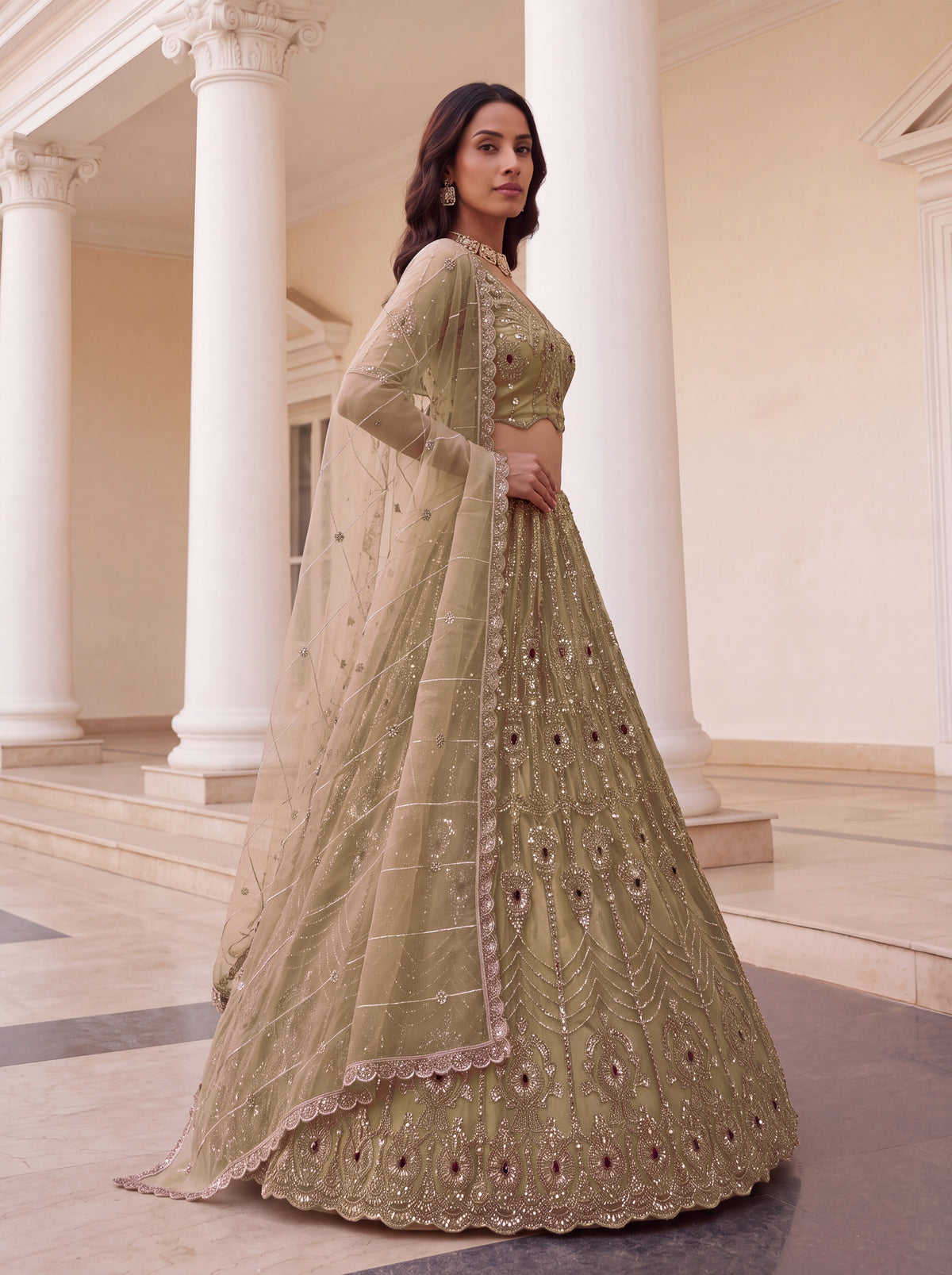 Beige Heavy Bridal Embroidered Lehenga Choli