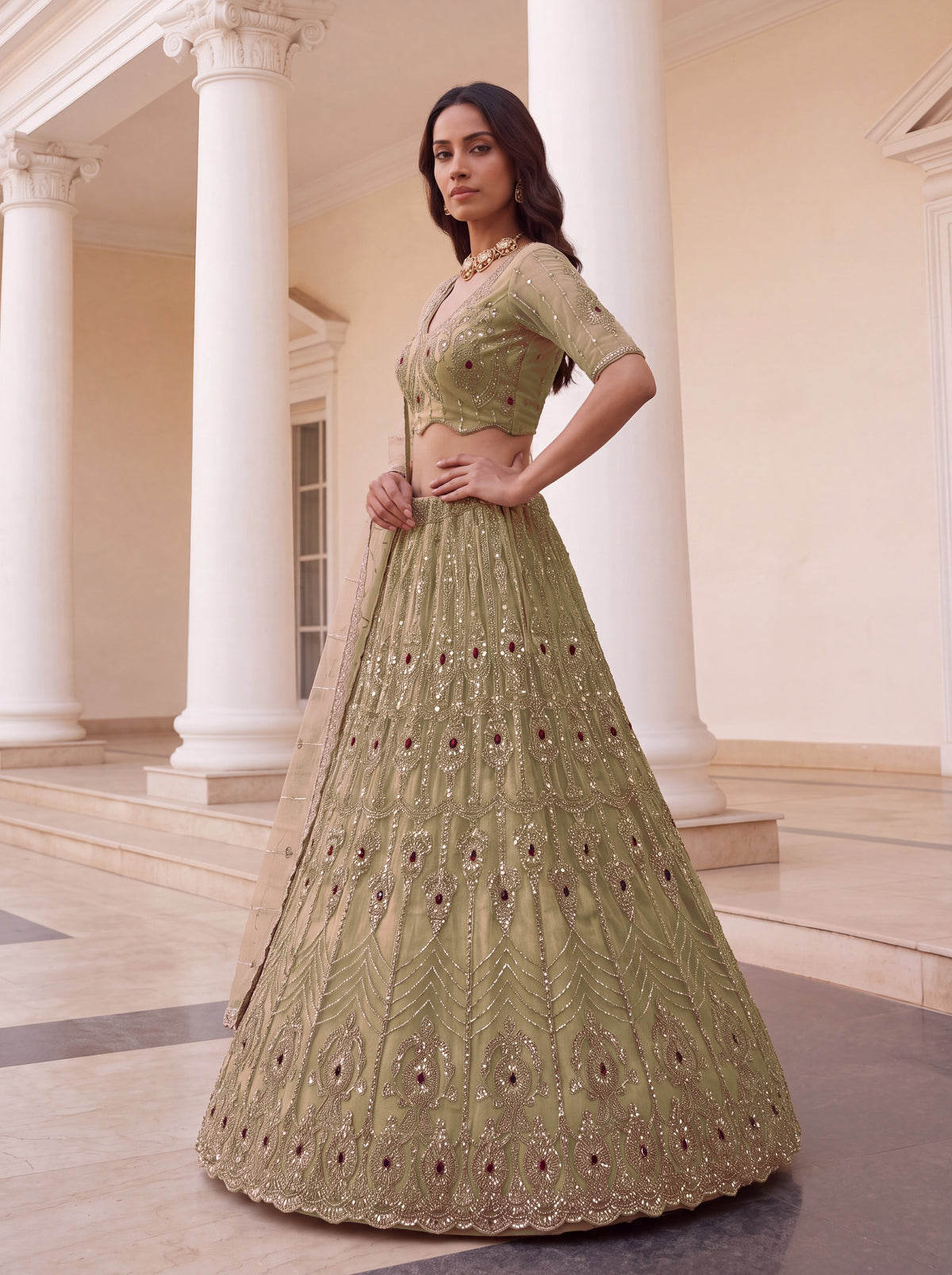 Beige Heavy Bridal Embroidered Lehenga Choli