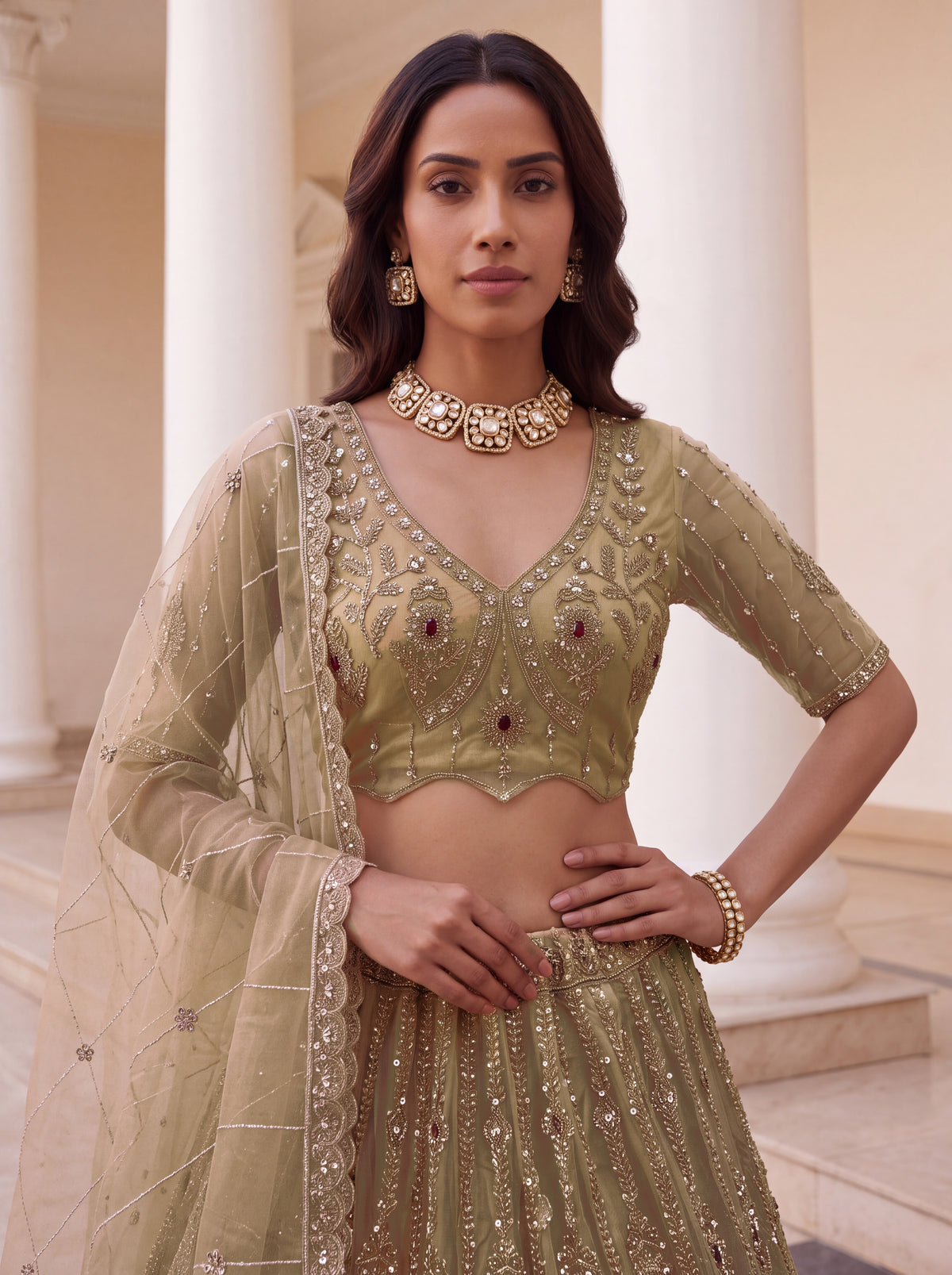 Beige Heavy Bridal Embroidered Lehenga Choli