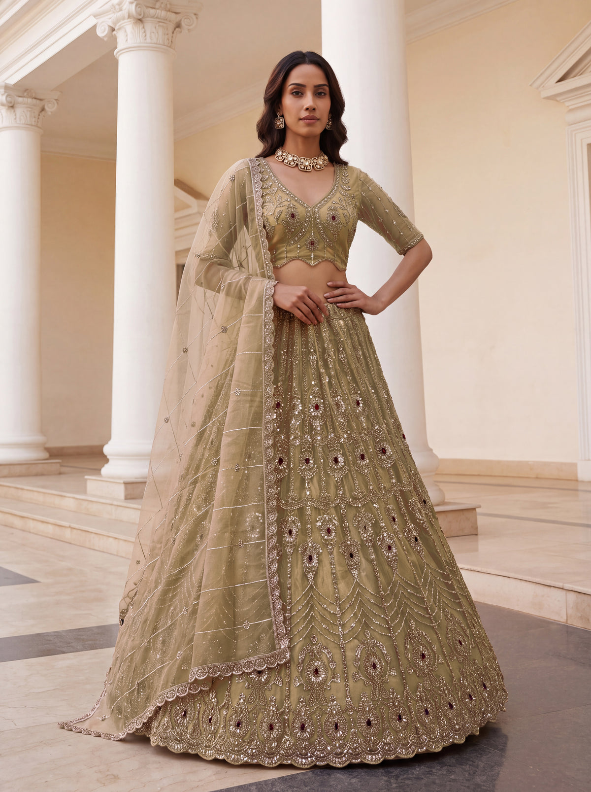 Beige Heavy Bridal Embroidered Lehenga Choli