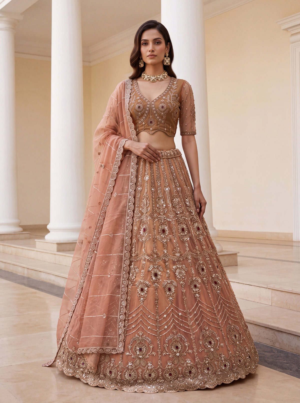 Peach Heavy Wedding Wear Embroidered Lehenga Choli