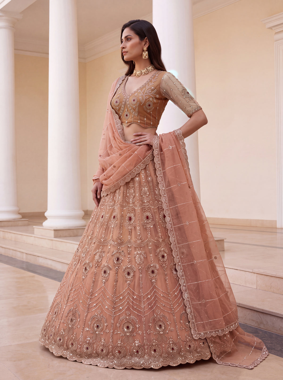 Peach Heavy Wedding Wear Embroidered Lehenga Choli
