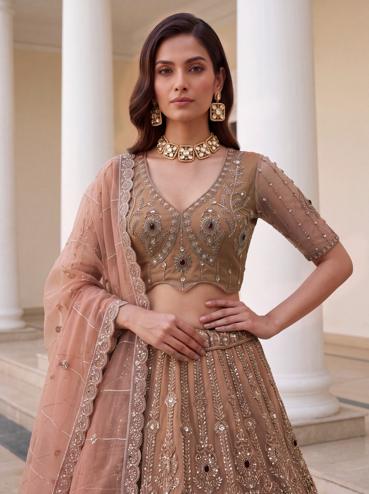 Peach Heavy Wedding Wear Embroidered Lehenga Choli