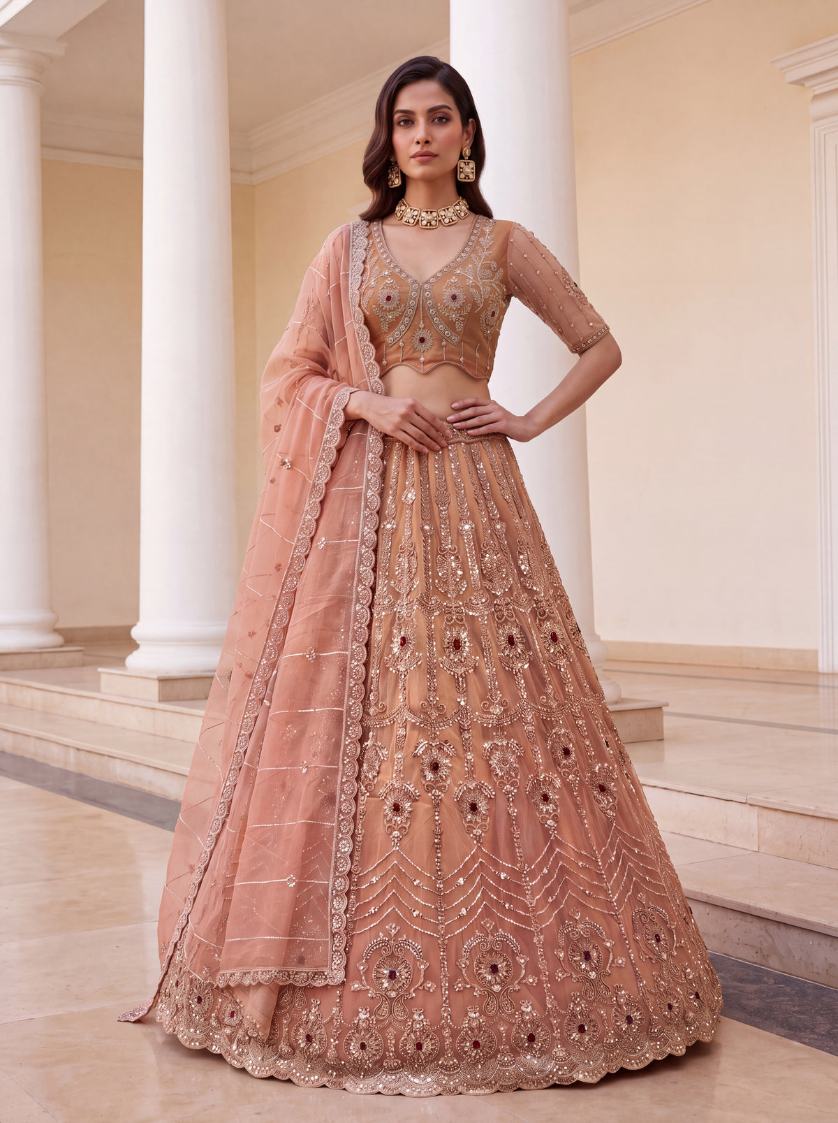 Peach Heavy Wedding Wear Embroidered Lehenga Choli