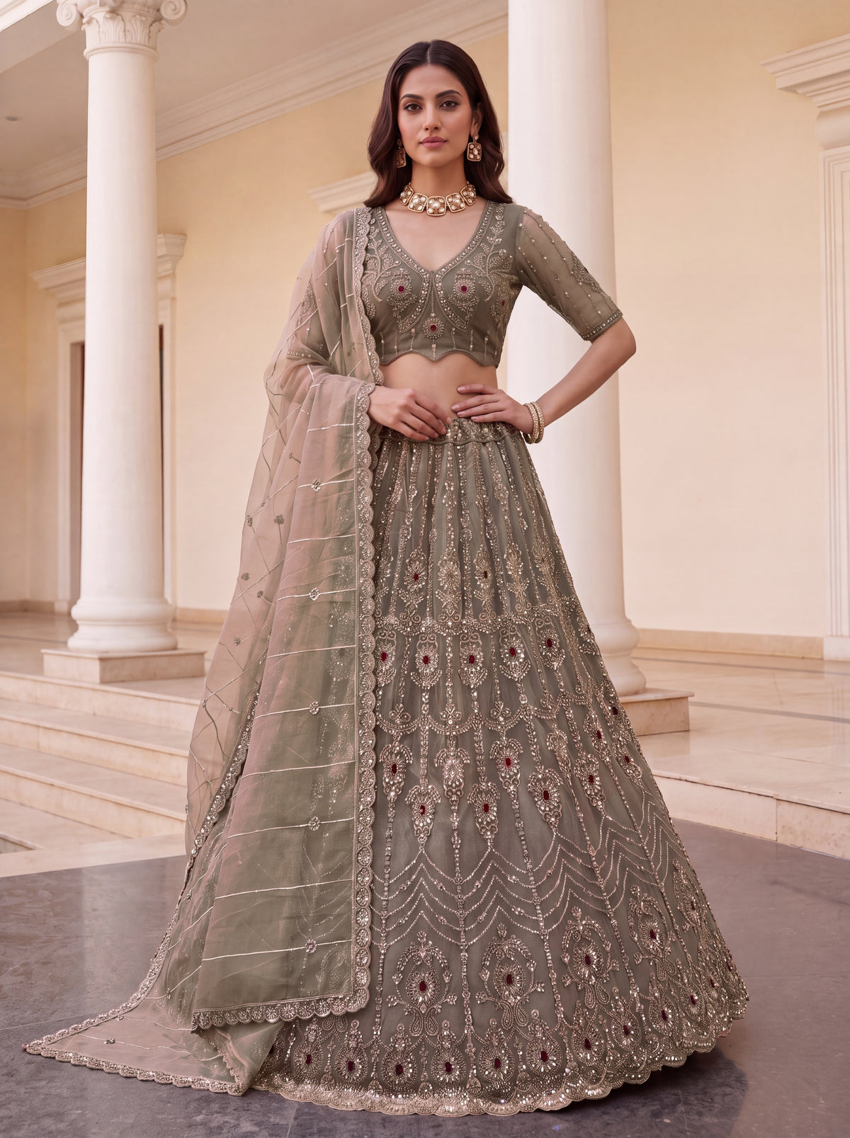 Dusty Heavy Bridal Embellished Lehenga Choli with Handwork