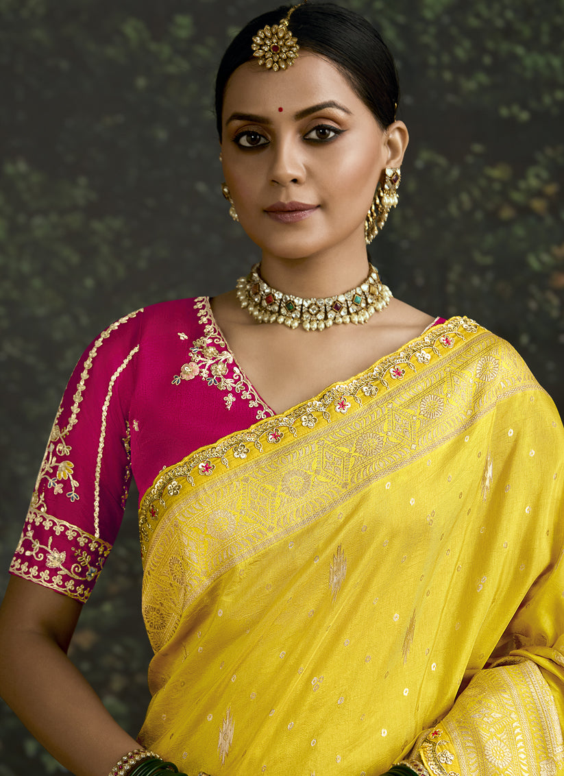 Lemon Yellow Dola Silk Embroidered Wedding Saree