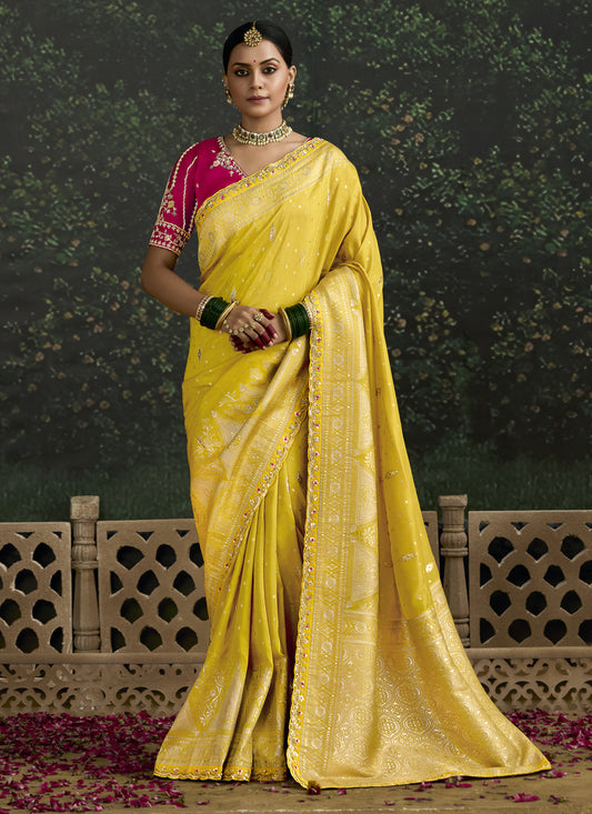 Lemon Yellow Dola Silk Embroidered Wedding Saree