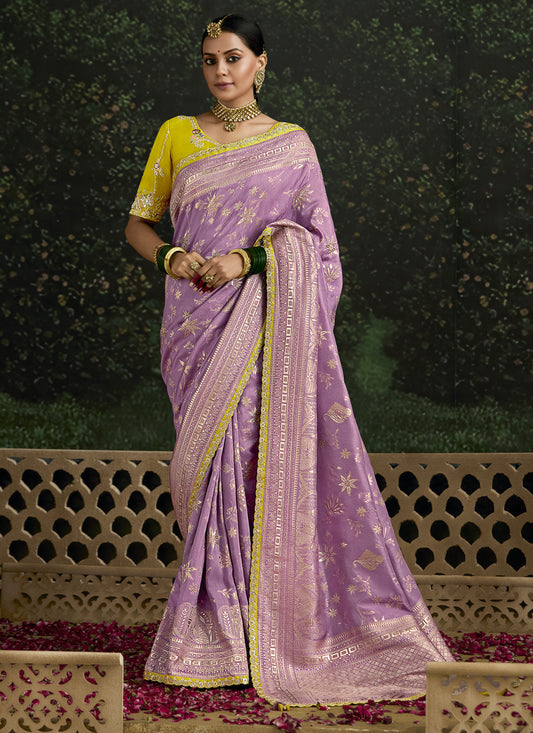 Lilac Dola Silk Embroidered Wedding Saree